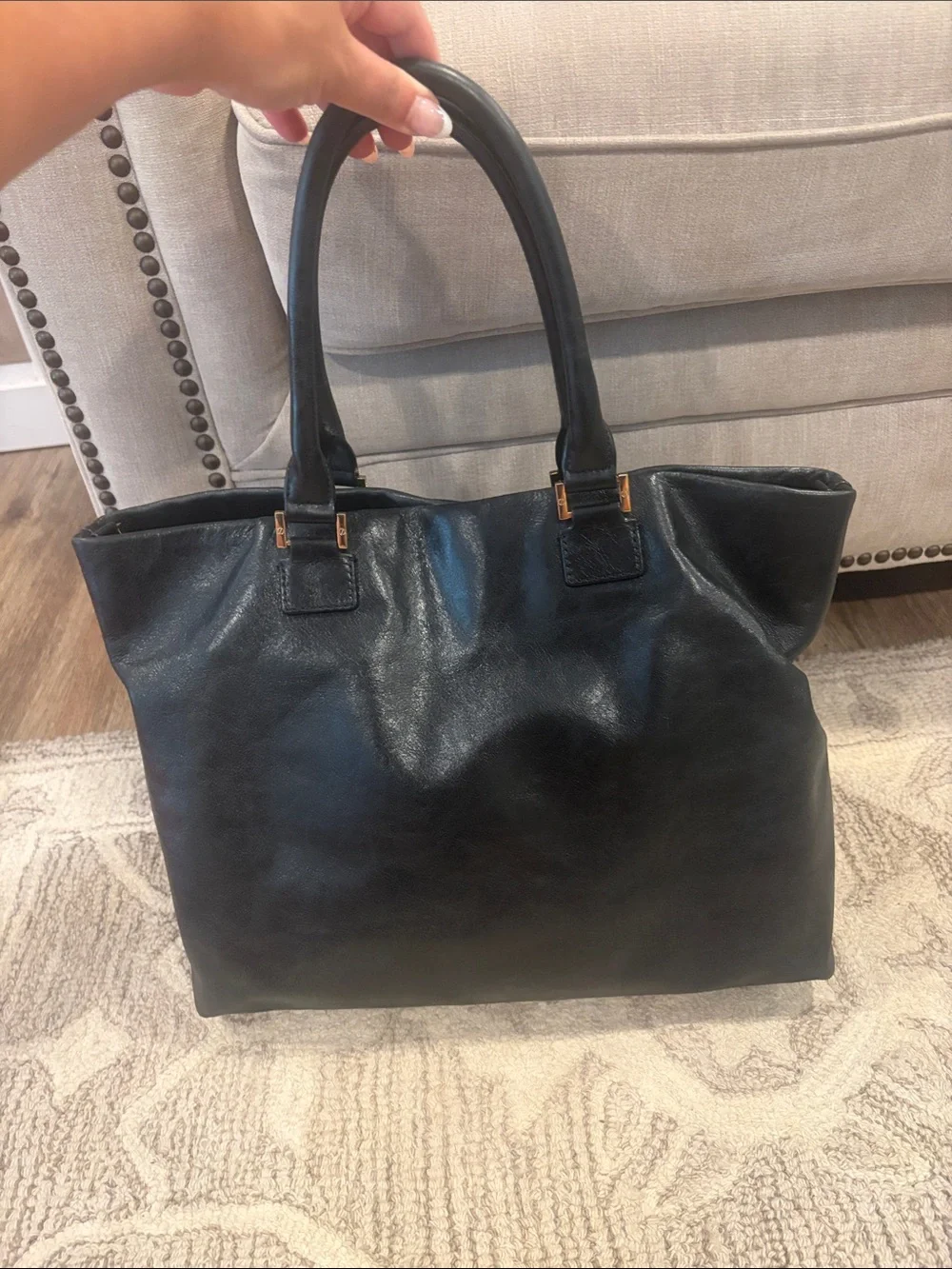 Tory Burch Black Leather Tote with Gold Emblem